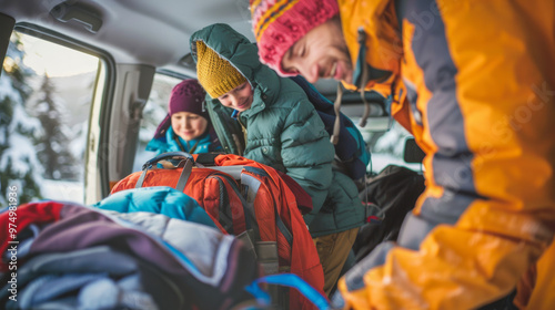 Packing the car with winter gear and ski equipment for a family trip to the snowy mountains in a cozy winter setting photo