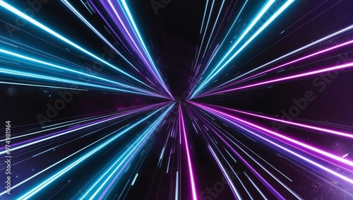 Futuristic digital artwork of a dynamic light tunnel with converging neon streaks in blue, pink, and white against a dark starry background, cyberpunk style, generative ai
