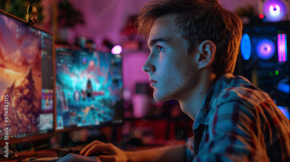 Obraz premium A young man customizing his gaming avatar on dual computer screens in a vibrant, dimly lit room filled with gaming decor and equipment