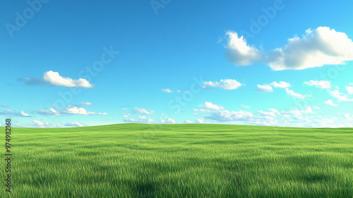 plain empty green land, 3d animated image, hd with blue sky