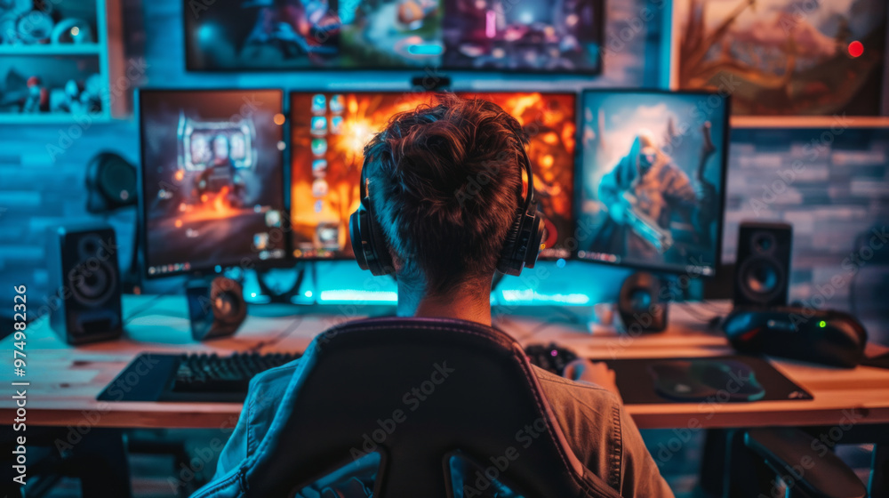 A dedicated gamer immersed in a vibrant gaming setup surrounded by posters in a cozy room during evening hours