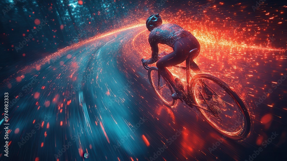 A cyclist is pedaling through a magical forest path illuminated by glowing sparks and vivid light trails The scene captures a surreal sense of speed energy and motion as the figure moves through A cyclist is pedaling through a magical forest path illuminated by glowing sparks and vivid light trails The scene captures a surreal sense of speed energy and motion as the figure moves through