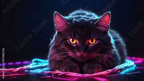 Neon, digital technology, a cat, and a dark background
 photo