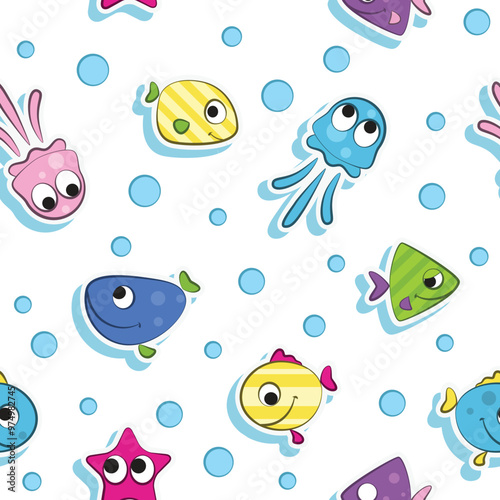 A playful underwater scene featuring colorful fish, jellyfish, and starfish among bubbles.