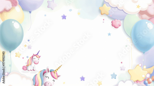 A whimsical unicorn-themed frame for birthdays, with pastel-colored balloons, stars, and clouds lining the edges. The frame has soft, dreamy colors and features a cute unicorn in the bottom corner