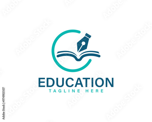 Modern Education Logo Pen and Open Book Design with a Circular Element.