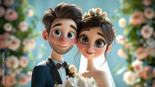 Bride and groom cartoon couple, 3D illustration