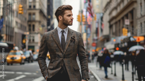 A stylishly dressed man walks confidently down Fifth Avenue during a bustling day in the heart of the city