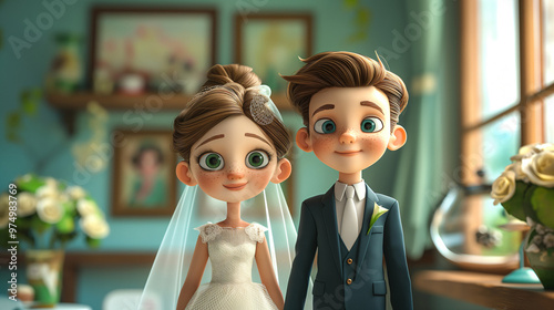 Bride and groom cartoon couple, 3D illustration