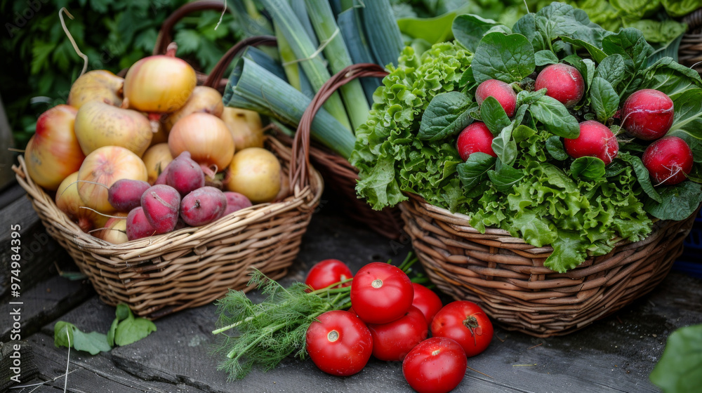 Fresh organic produce displayed in rustic baskets during a vibrant farmers market in autumn Fresh organic produce displayed in rustic baskets during a vibrant farmers market in autumn