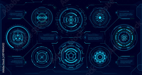Circular futuristic digital HUD elements, sci fi ui interface. Vector blue neon heads up display holograms, high-tech components, advanced user interface graphics. Advanced innovation technology