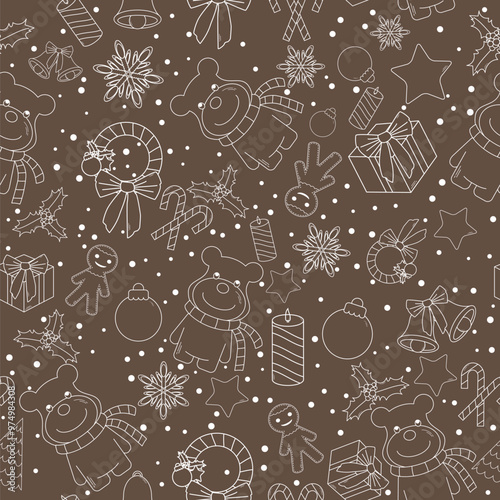 A whimsical pattern featuring holiday-themed doodles like gifts, stars, and ornaments on a brown background.