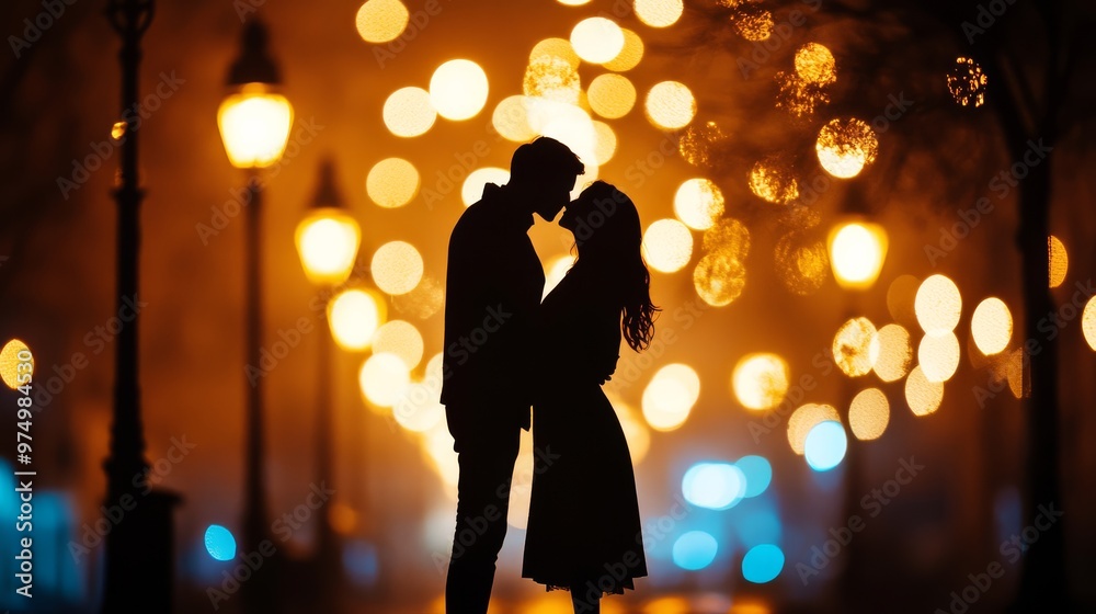 Two lovers share a magical moment under glowing streetlamps wrapped in each other’s warmth
