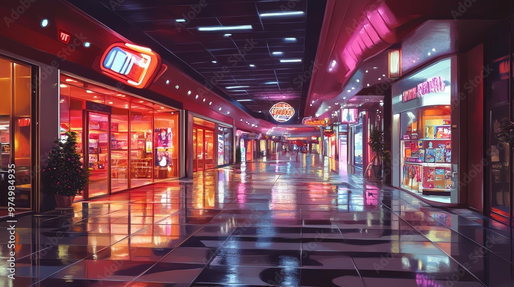 Vibrant shopping mall interior with glowing lights, reflections, and colorful storefronts, creating an energetic ambiance. Vibrant shopping mall interior with glowing lights, reflections, and colorful storefronts, creating an energetic ambiance.