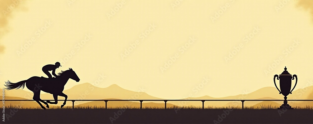 Fototapeta premium Silhouette of horse rider on pastel beige racetrack. Horseman racing to the cup. Melbourne Cup concept. Handicap sports competitions. Vintage sepia postcard style. Design for banner with copy space.