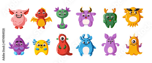 Clever alien creatures characters level color vector symbol set. Abnormal small animals from another measurement outline symbol pack on white