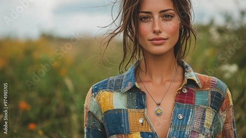 Sexy model posing outdoors in patchwork shirt photo