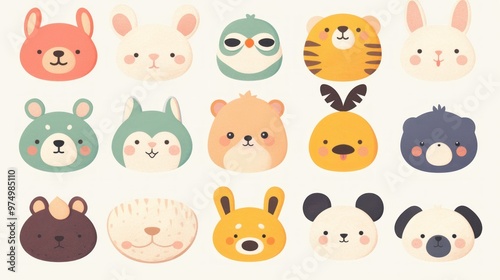 Cute animal face icons in flat design with pastel colors of different animals like cats, dogs, rabbits or hamsters for children book covers, prints on fabric or t-shirts