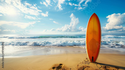 A bright orange surfboard rests on the sandy beach with gentle waves lapping at the shore on a sunny day