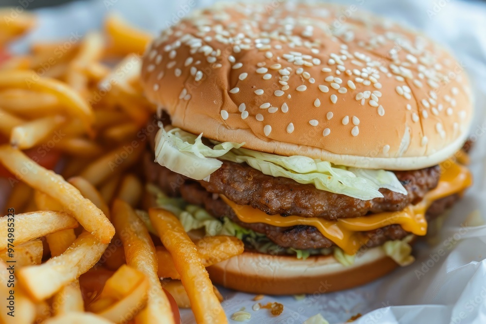 Double burger with cheese and lettuce is sitting on a white wrapper next to a pile of crispy french fries Double burger with cheese and lettuce is sitting on a white wrapper next to a pile of crispy french fries