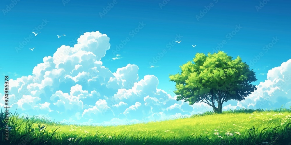 tree standing in the middle of a green grassy hill, set against a blue sky with white clouds, creating a peaceful and idyllic natural scene. tree standing in the middle of a green grassy hill, set against a blue sky with white clouds, creating a peaceful and idyllic natural scene.