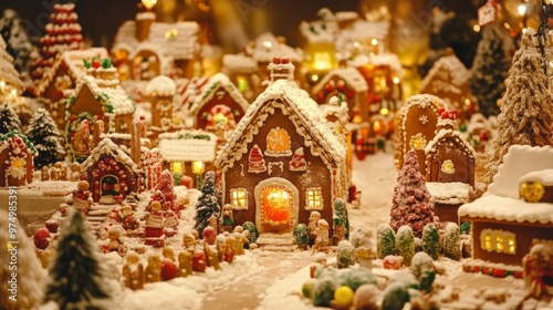 Illuminated Gingerbread Village with Snow and Trees