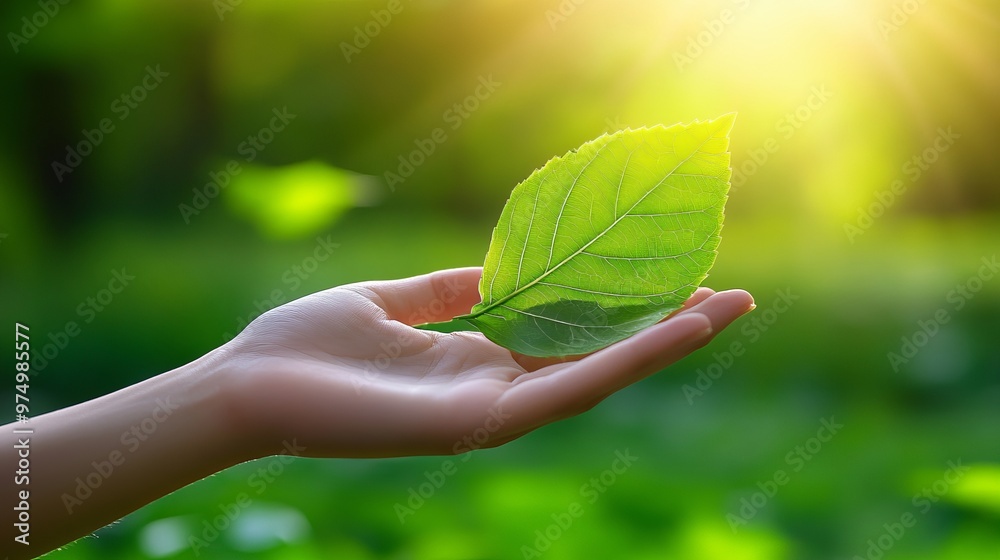 A hand holding a leaf symbolizing energy sources, emphasizing ecological sustainability