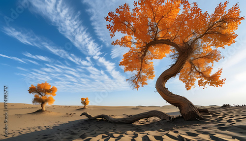 Autumn Scenery of Huayang Forest in Taklamakan Desert, Xinjiang photo