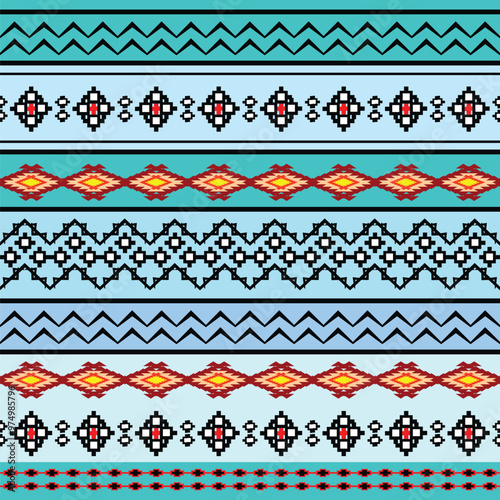 A colorful geometric pattern featuring various shapes and lines, suitable for textile or graphic design.