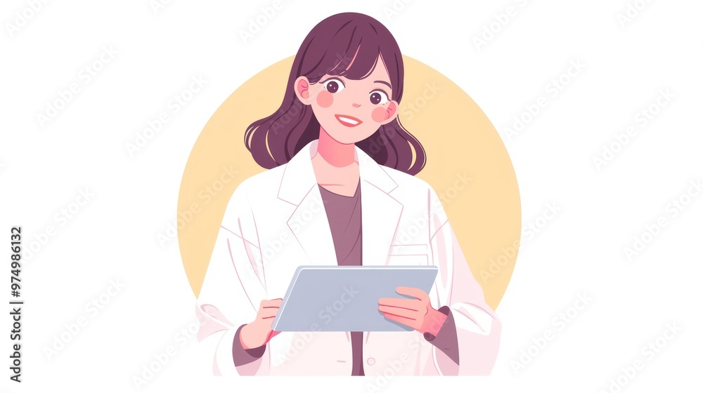 A young female scientist in a white coat, holding a laptop, with a smiling face and a happy expression, in pastel colors, on a plain background of a circular frame that limits the character A young female scientist in a white coat, holding a laptop, with a smiling face and a happy expression, in pastel colors, on a plain background of a circular frame that limits the character