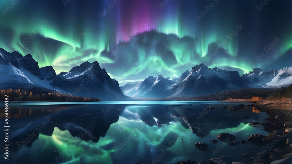 Fototapeta premium panorama featuring the northern lights in a starry night sky set against a backdrop of lakes and mountains, rendered in 3D using Generative AI illustration