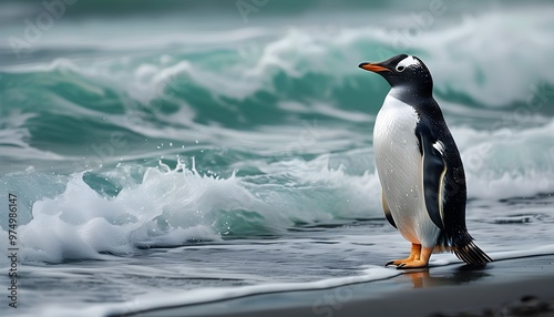 Gentoo penguin braving the stormy beach with crashing ocean waves