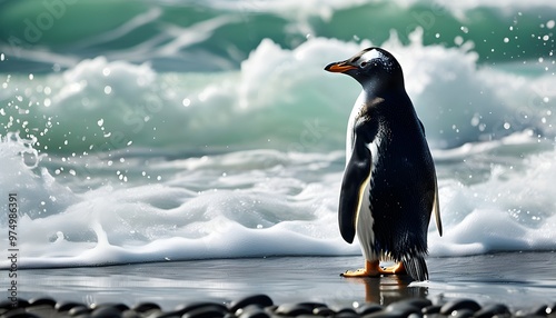 Gentoo penguin braving the stormy beach with crashing ocean waves photo