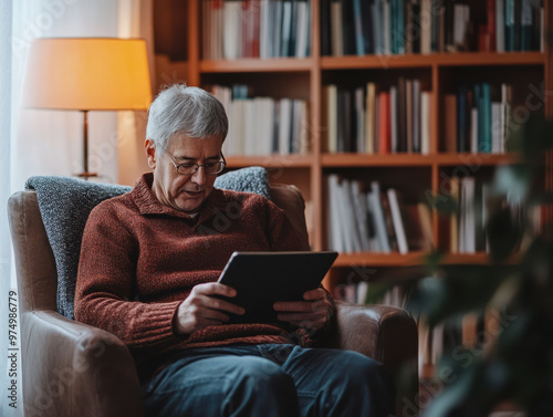A 60-year-old adult reading on an tablet in a cozy, well-lit living room
