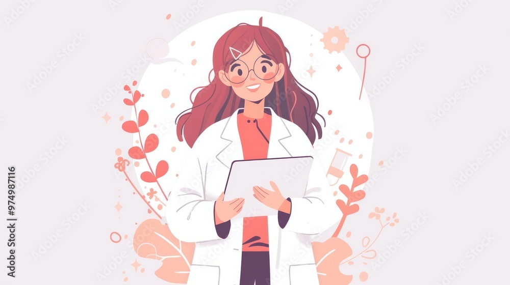 A young female scientist in a white coat, holding a laptop, with a smiling face and a happy expression, in pastel colors, on a plain background of a circular frame that limits the character A young female scientist in a white coat, holding a laptop, with a smiling face and a happy expression, in pastel colors, on a plain background of a circular frame that limits the character