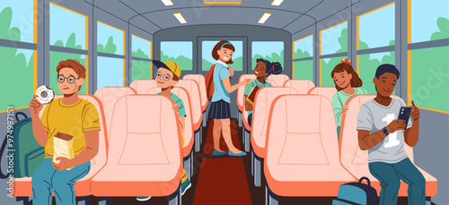 Multiracial students ride half-empty school bus flat illustration. Happy schoolchildren in vehicle 2D characters cartoon background. Back to School vector image