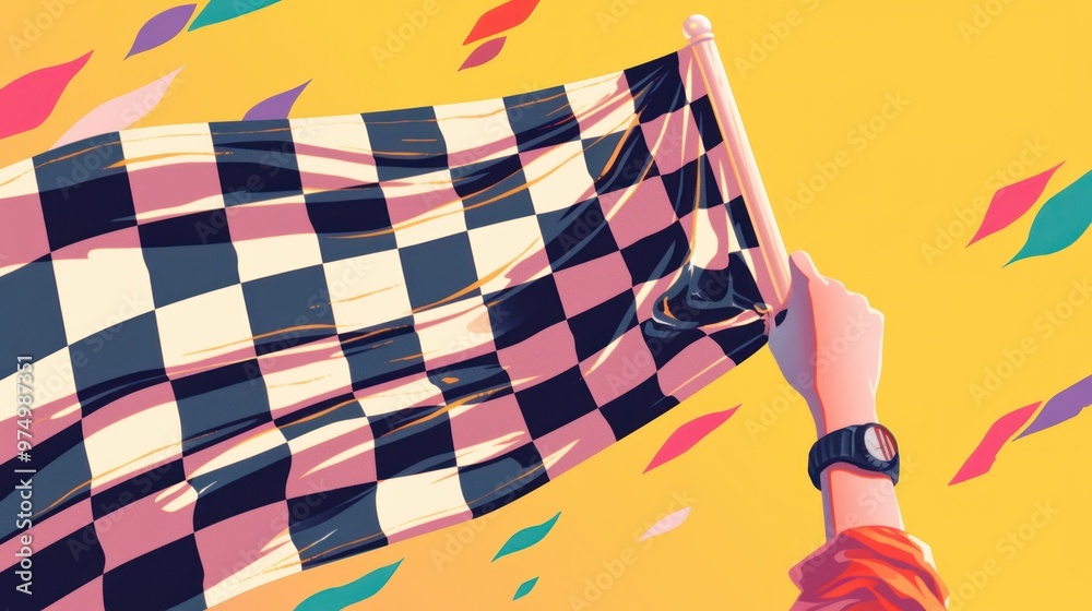Obraz premium Flag in hand with black and white checkered pattern fluttering in the wind on a clean white background, racing and competition concept