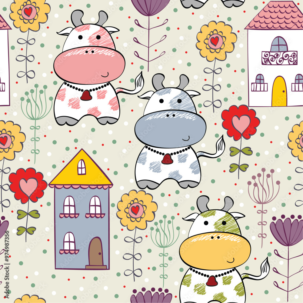 Fototapeta premium A whimsical pattern featuring cartoon cows and colorful flowers with houses.