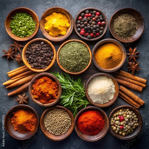 Collection of spices isolated on woodenbackground. Top view