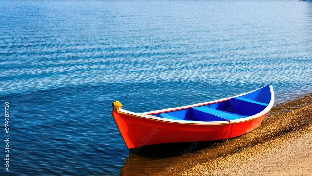 a boat sitting on top of a body of water, sunny amber morning light a boat sitting on top of a body of water, sunny amber morning light