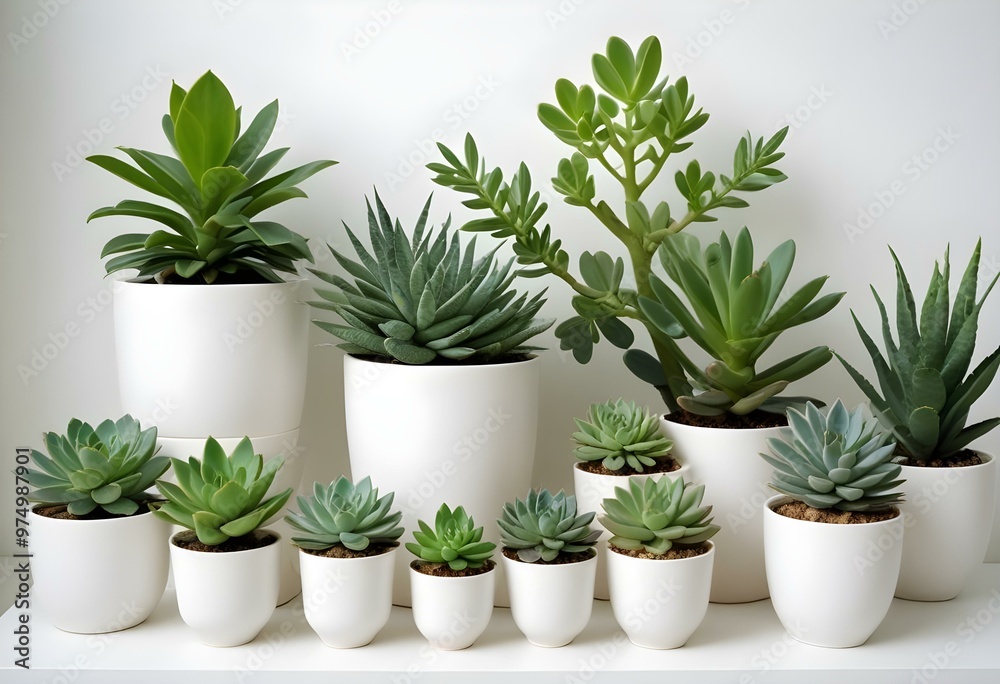 Various potted green plants and herbs, including a small tree, succulents, and leafy plants, all in white pots against a white background Various potted green plants and herbs, including a small tree, succulents, and leafy plants, all in white pots against a white background