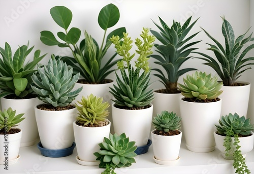 Various potted green plants and herbs, including a small tree, succulents, and leafy plants, all in white pots against a white background