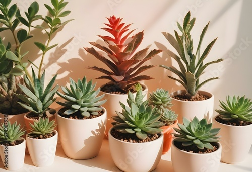 Various potted green plants and herbs, including a small tree, succulents, and leafy plants, all in white pots against a white background