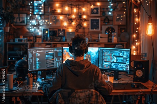 A focused individual gaming and coding at a computer desk surrounded by ambient lights in a cozy room at night