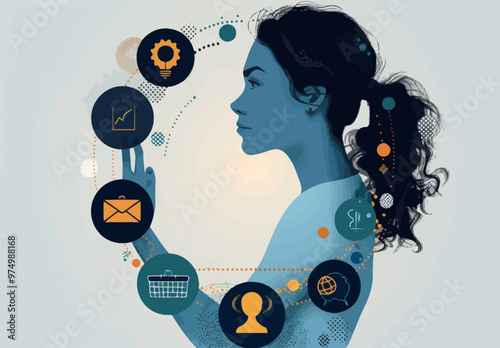 Confident Business Woman Managing Office Tasks with Rotating Icons, Metaphor for Efficiency and Perfect Working Skills, Minimalistic Business Vector Illustration