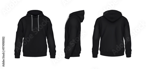 Black sportive hoodies with copy space realistic vector illustration set. Cozy clothing with design mockup 3d models on white background