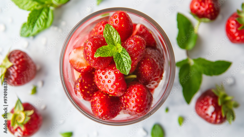 Fresh strawberries with mint leaves in a glass bowl, top-down view, bright and natural lighting, vibrant red and green colors, minimalistic composition, summertime freshness, placed on a white wooden Fresh strawberries with mint leaves in a glass bowl, top-down view, bright and natural lighting, vibrant red and green colors, minimalistic composition, summertime freshness, placed on a white wooden