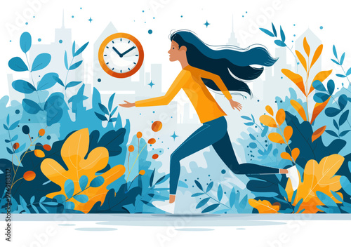 Female Manager Running Against Time in a Busyness Hustle with Time Pressure Icons and Clock, Minimalistic Vector Illustration Depicting Hard Work and Daily Work Cycle in a Business Setting