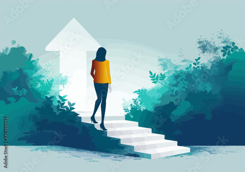 Woman Watching Arrow Sign with Staircase, Business Growth and Career Steps Concept Illustration, Minimalistic Vector Art Depicting Progress and Success in Professional Development