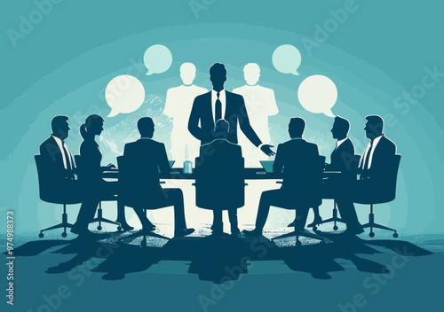 Executive Leader Presenting Strategic Business Plan in Corporate Meeting - Vector Illustration of Professional Group Discussion with Teamwork and Collaboration Concept in Minimalistic Design
